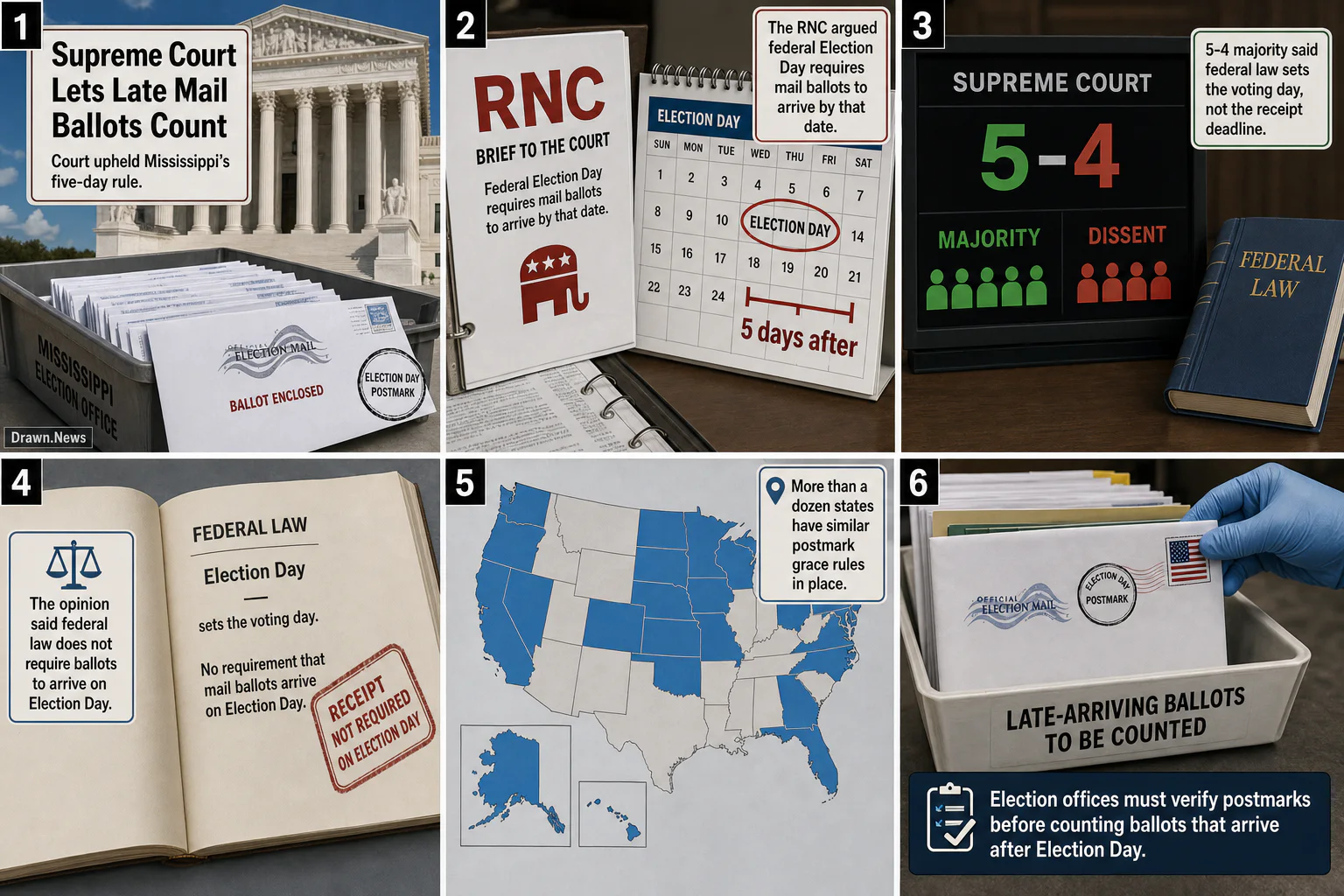 Drawn.News visual brief: Supreme Court Lets Late Mail Ballots Count