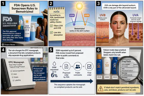 Drawn.News visual brief: FDA Opens U.S. Sunscreen Rules to Bemotrizinol