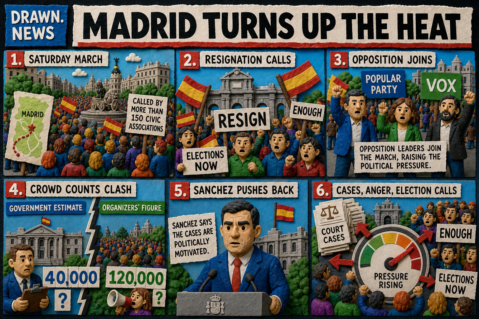 Drawn.News visual brief: Thousands march in Madrid demanding Spanish PM quit over graft allegations