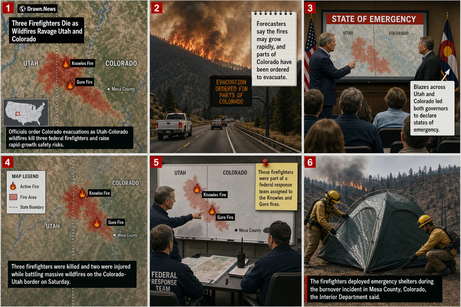 Drawn.News visual brief: Three Firefighters Die as Wildfires Ravage Utah and Colorado