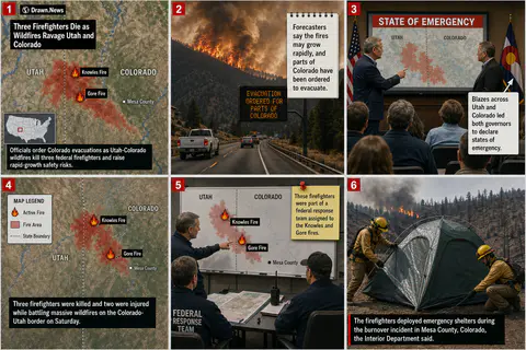 Drawn.News visual brief: Three Firefighters Die as Wildfires Ravage Utah and Colorado