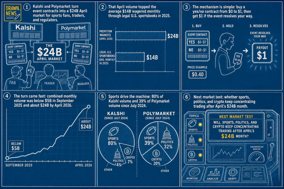 Drawn.News comic: Trading volume on prediction markets has soared in recent months