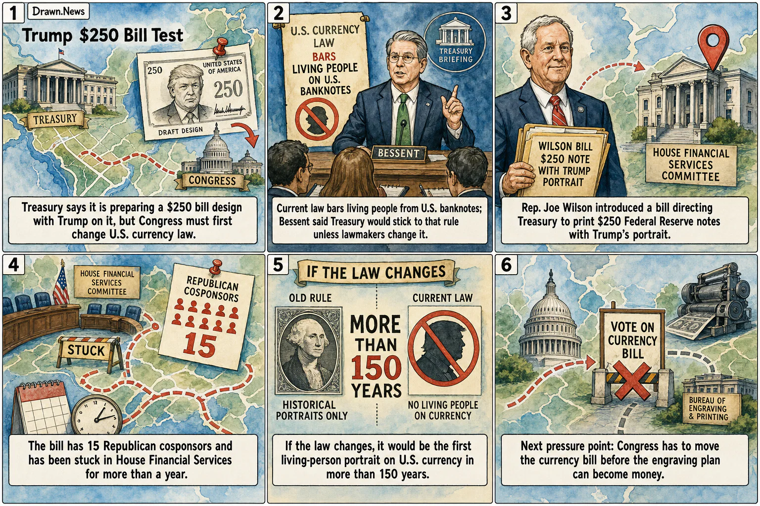 Drawn.News visual brief: Treasury Prepares to Make Trump the Face of a New $250 Bill
