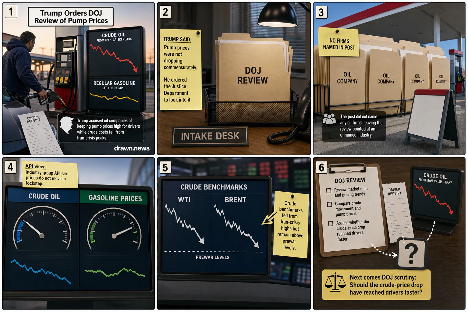 Drawn.News visual brief: Trump Orders DOJ Review of Pump Prices