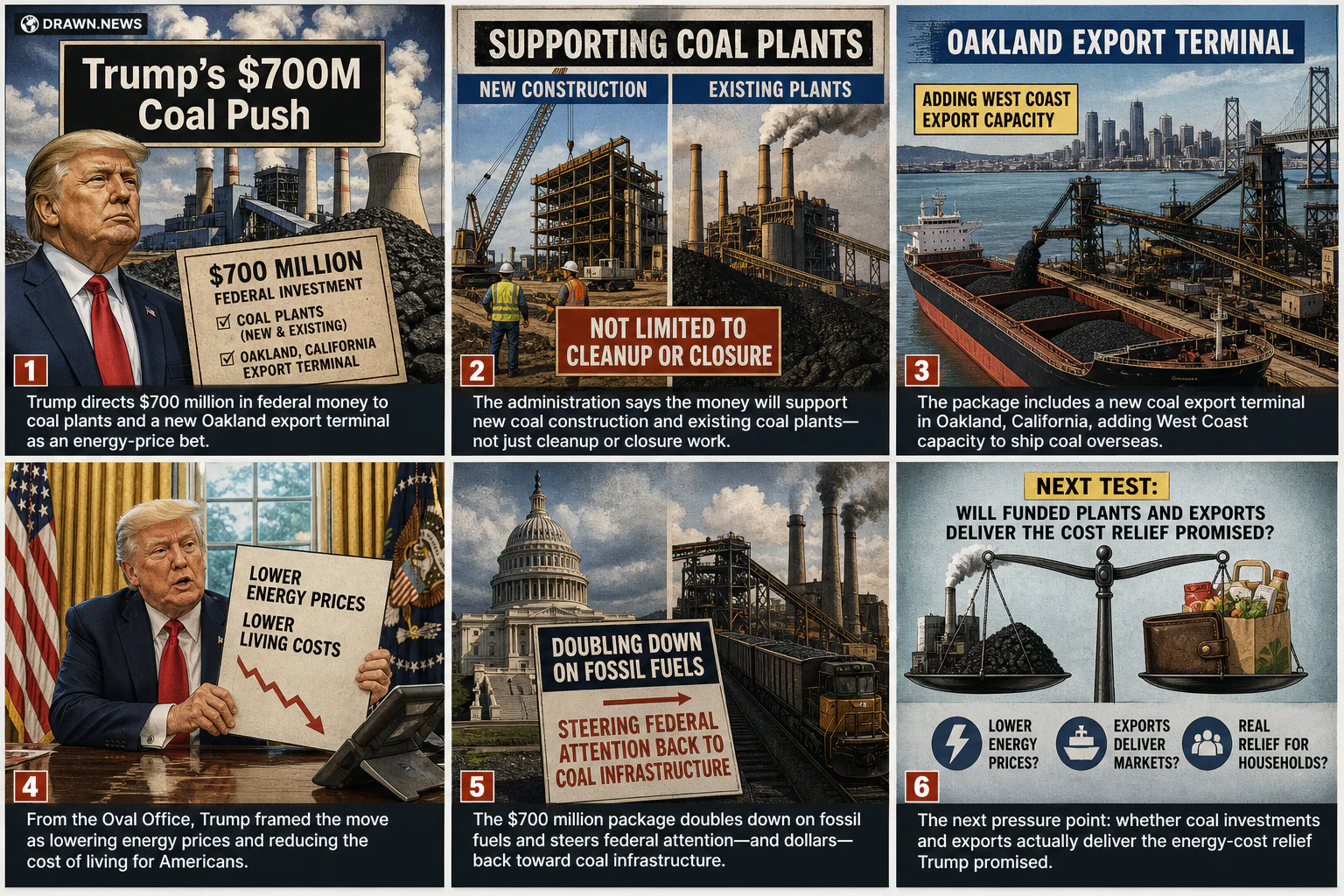 Drawn.News visual brief: Trump announces $700 million investment in coal industry