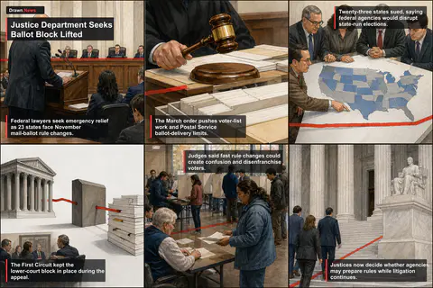 Drawn.News visual brief: Justice Department Asks Justices to Lift 23-State Mail-Ballot Block