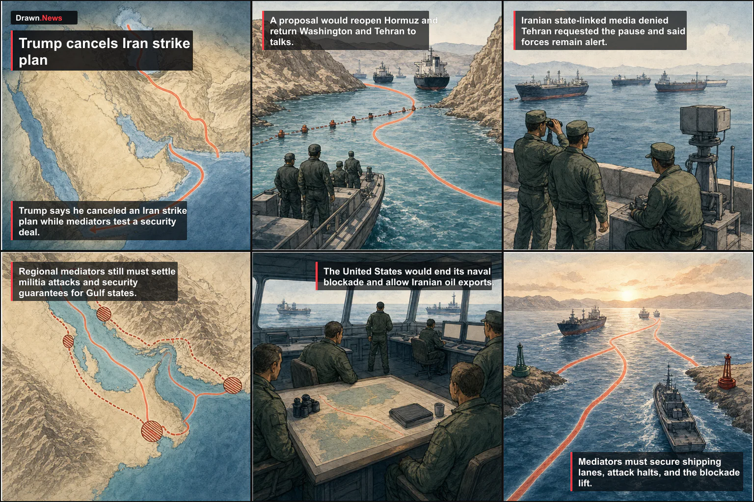 Drawn.News visual brief: Trump cancels Iran strike plan, Hormuz talks start