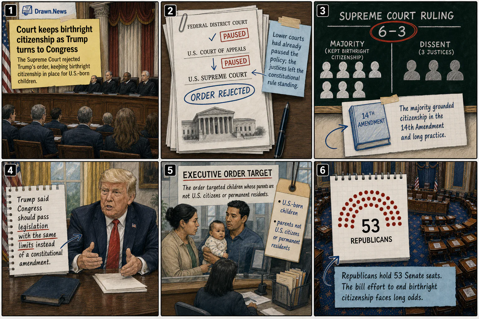 Drawn.News visual brief: Supreme Court keeps birthright citizenship as Trump turns to Congress