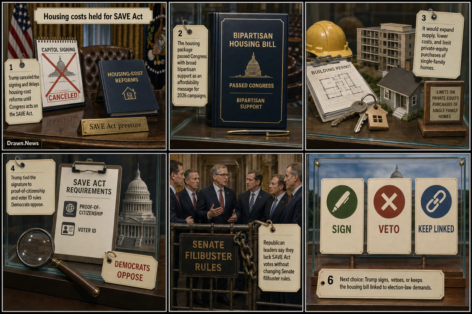 Drawn.News visual brief: Trump delays housing bill for SAVE Act