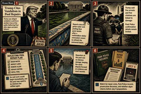 Drawn.News visual brief: Trump cites vandalism in Reflecting Pool repairs