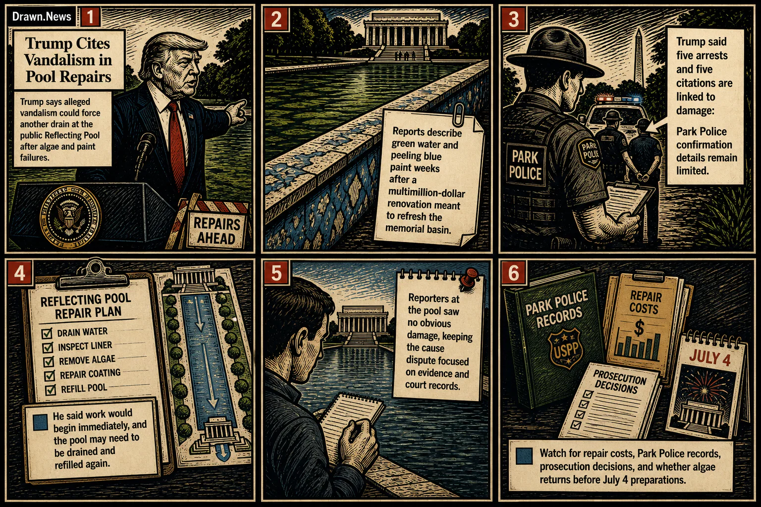 Drawn.News visual brief: Trump cites vandalism in Reflecting Pool repairs