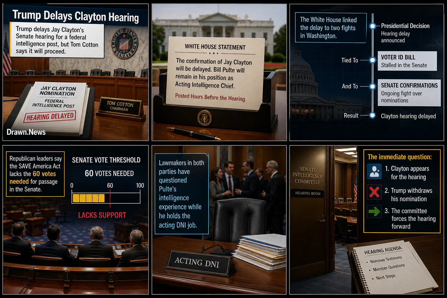 Drawn.News visual brief: Trump Delays Clayton Hearing
