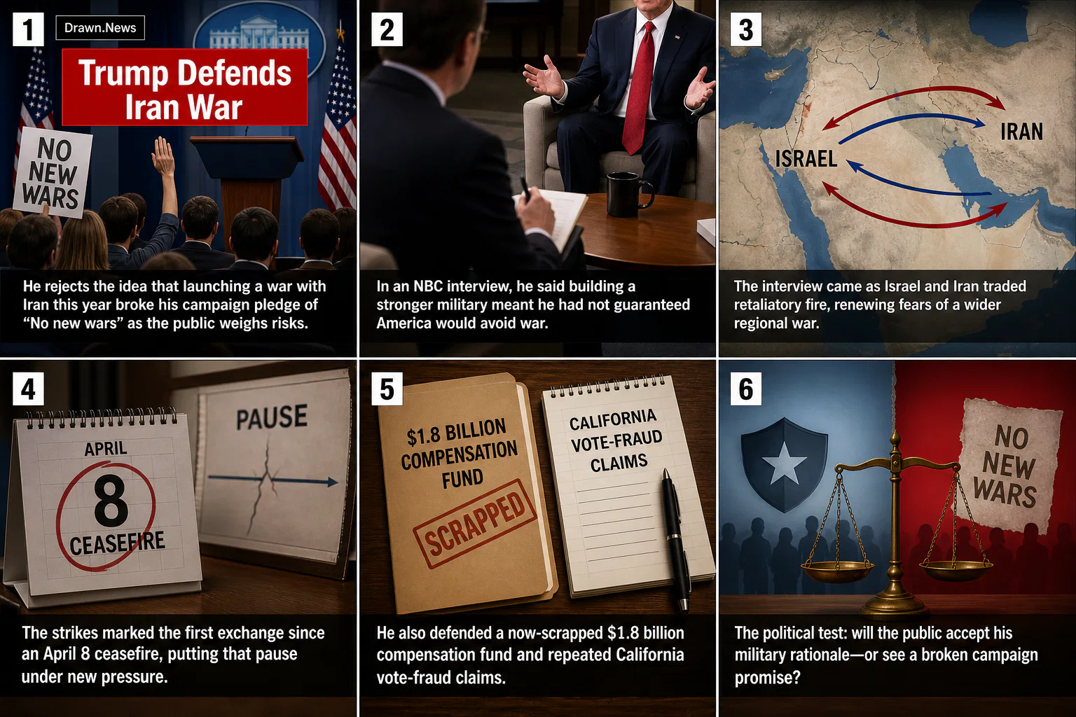 Drawn.News visual brief: Trump dismisses idea that Iran betrays his 'no new wars' campaign message