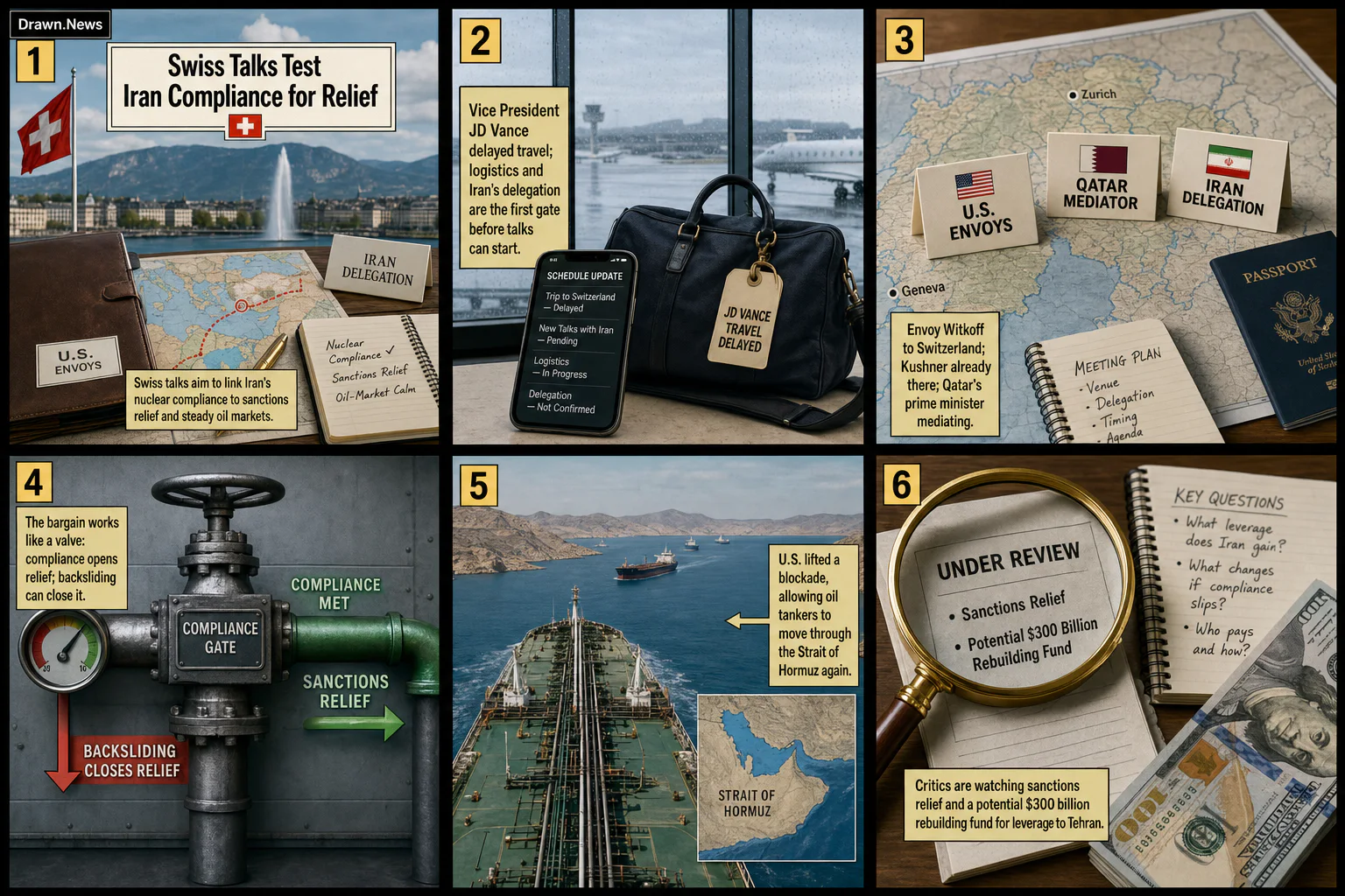 Drawn.News visual brief: Swiss Talks Test Iran Compliance for Relief