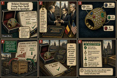 Drawn.News visual brief: Belgian Diamond Group Puts Tariff Relief in Spotlight With Trump Ring