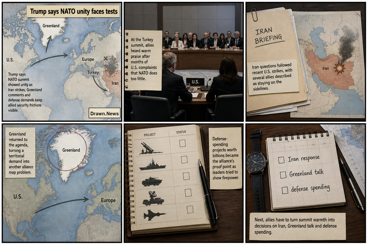 Drawn.News visual brief: Trump says NATO unity faces Iran, Greenland and defense-spending tests