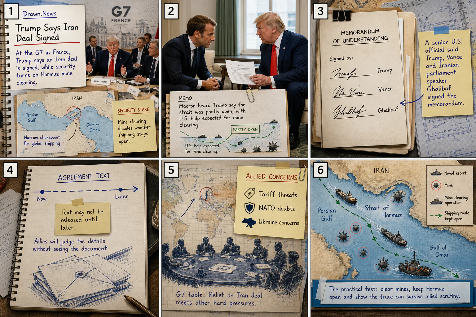 Drawn.News visual brief: Trump Says Iran Truce Memo Is Signed at G7