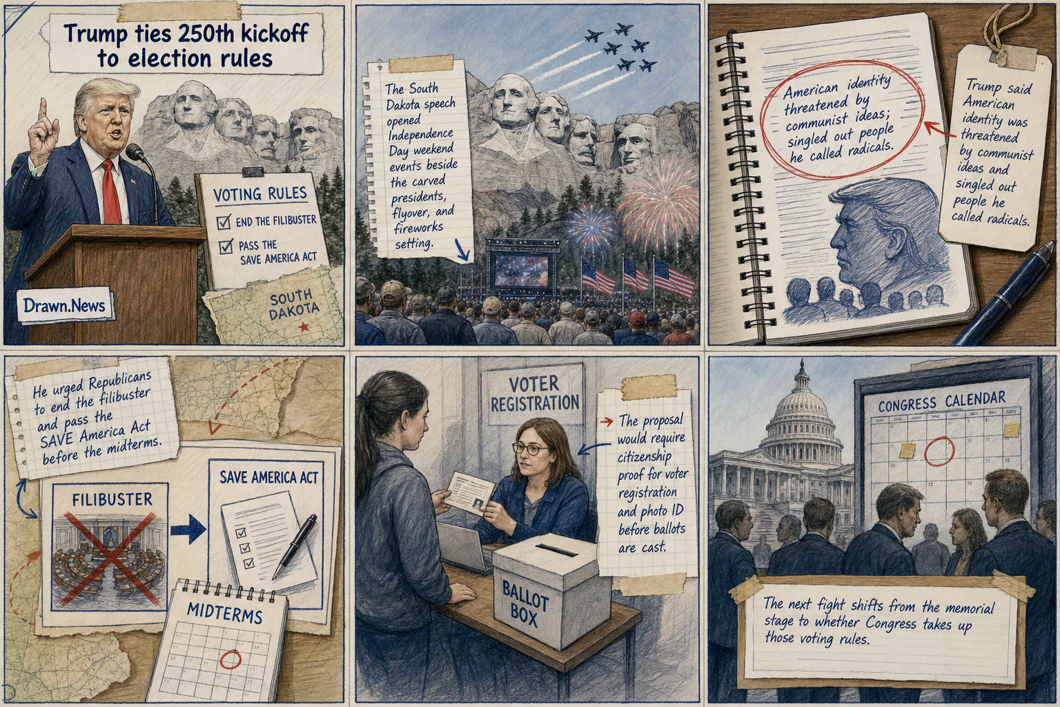 Drawn.News visual brief: Trump ties U.S. 250th kickoff to communism warning and election rules