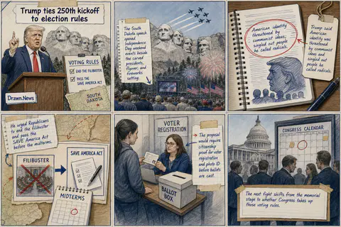 Drawn.News visual brief: Trump ties U.S. 250th kickoff to communism warning and election rules