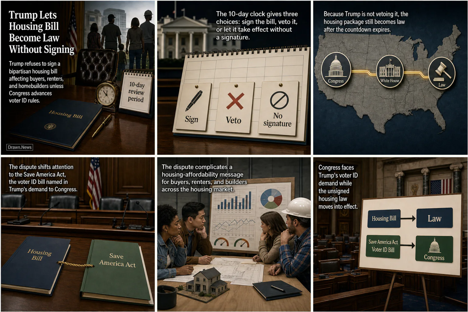 Drawn.News visual brief: Trump Lets Housing Bill Become Law as Voter ID Demand Stalls Signing