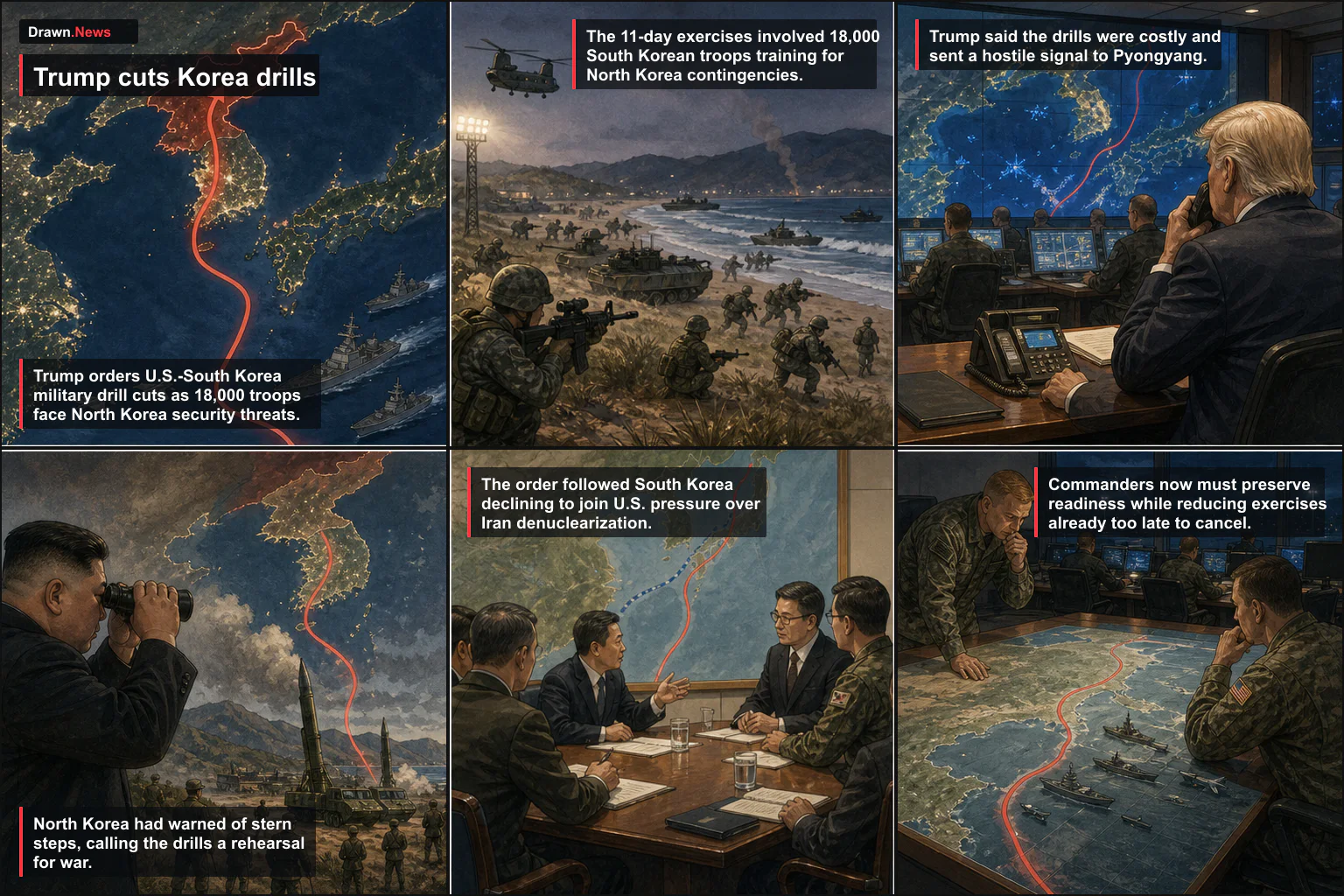 Drawn.News visual brief: Trump cuts South Korea drills as North Korea readiness test begins