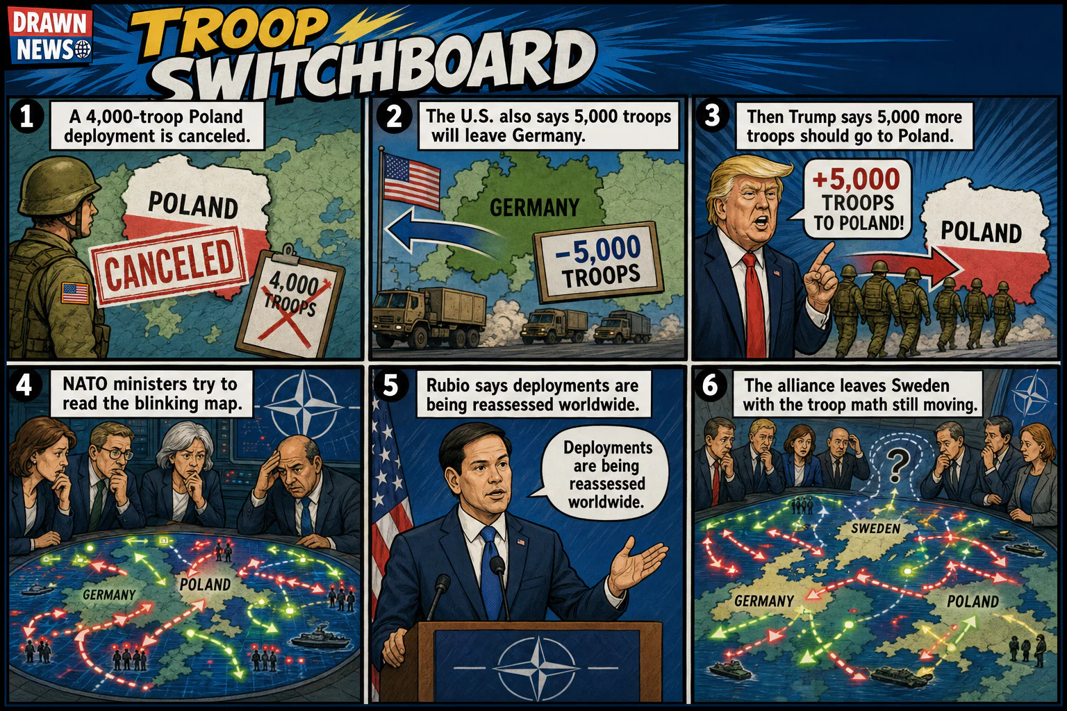 Drawn.News visual brief: Trump's Poland troop switch confuses NATO allies