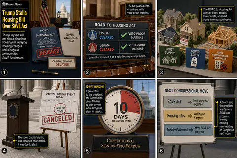 Drawn.News visual brief: Trump Stalls Housing Bill Over SAVE Act