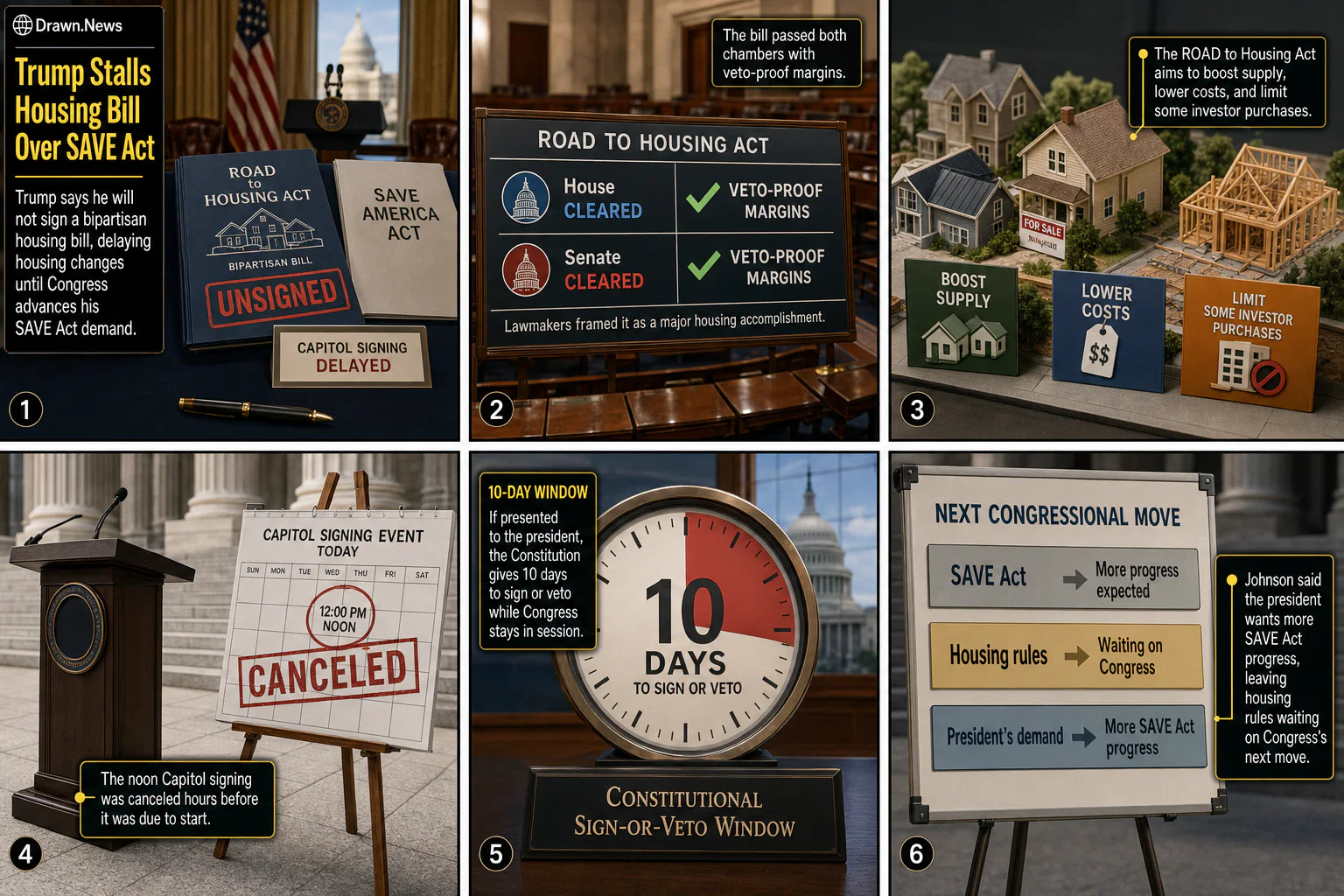 Drawn.News visual brief: Trump Stalls Housing Bill Over SAVE Act