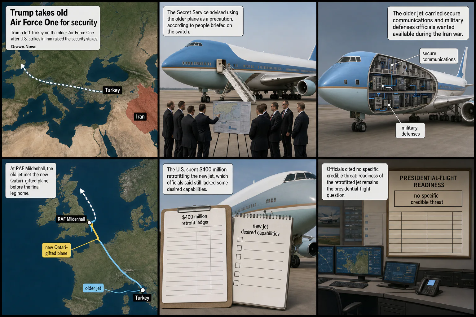 Drawn.News visual brief: Trump takes old Air Force One as Iran war raises security questions
