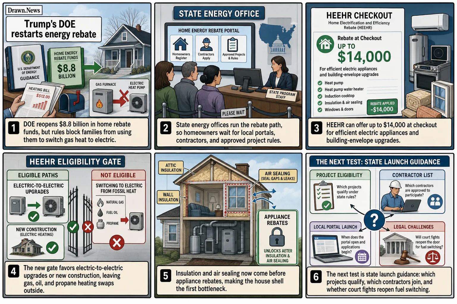 Drawn.News visual brief: Trump's DOE restarts energy rebate program with dumb conditions
