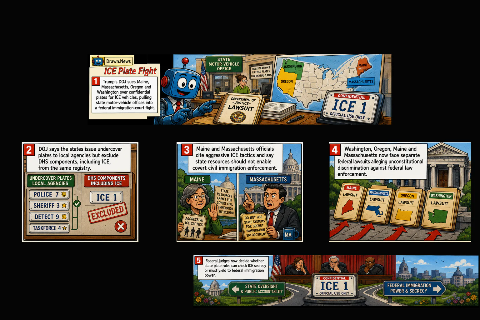 Drawn.News visual brief: Trump’s DoJ sues four states for denying ICE agents undercover license plates