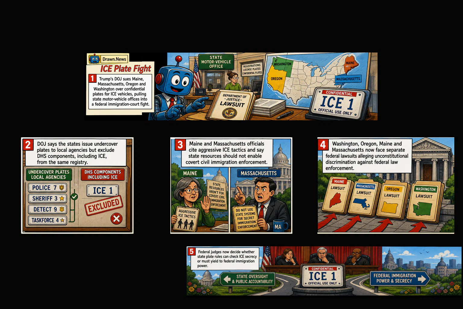 Drawn.News visual brief: Trump’s DoJ sues four states for denying ICE agents undercover license plates