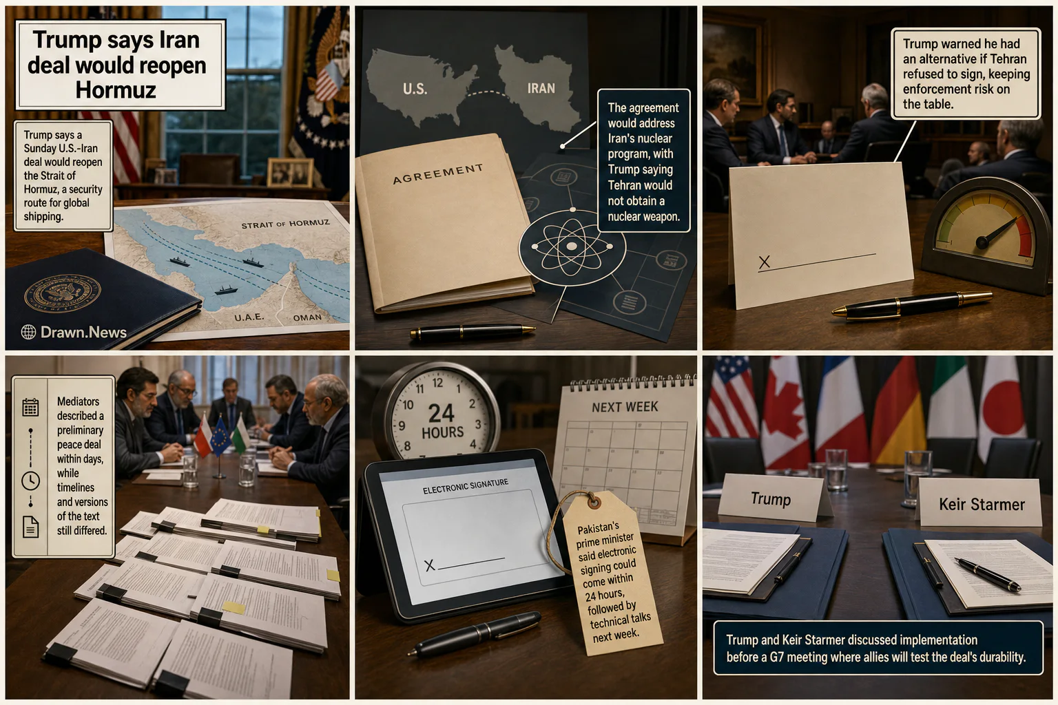 Drawn.News visual brief: Trump says Iran deal would reopen Hormuz