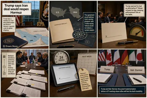 Drawn.News visual brief: Trump says Iran deal would reopen Hormuz