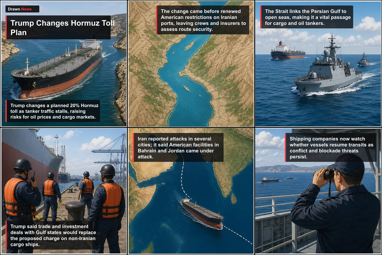 Drawn.News visual brief: Trump Changes Hormuz Toll Plan, With Tankers Stalled