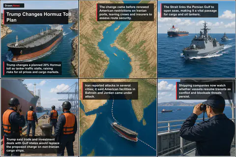 Drawn.News visual brief: Trump Changes Hormuz Toll Plan, With Tankers Stalled
