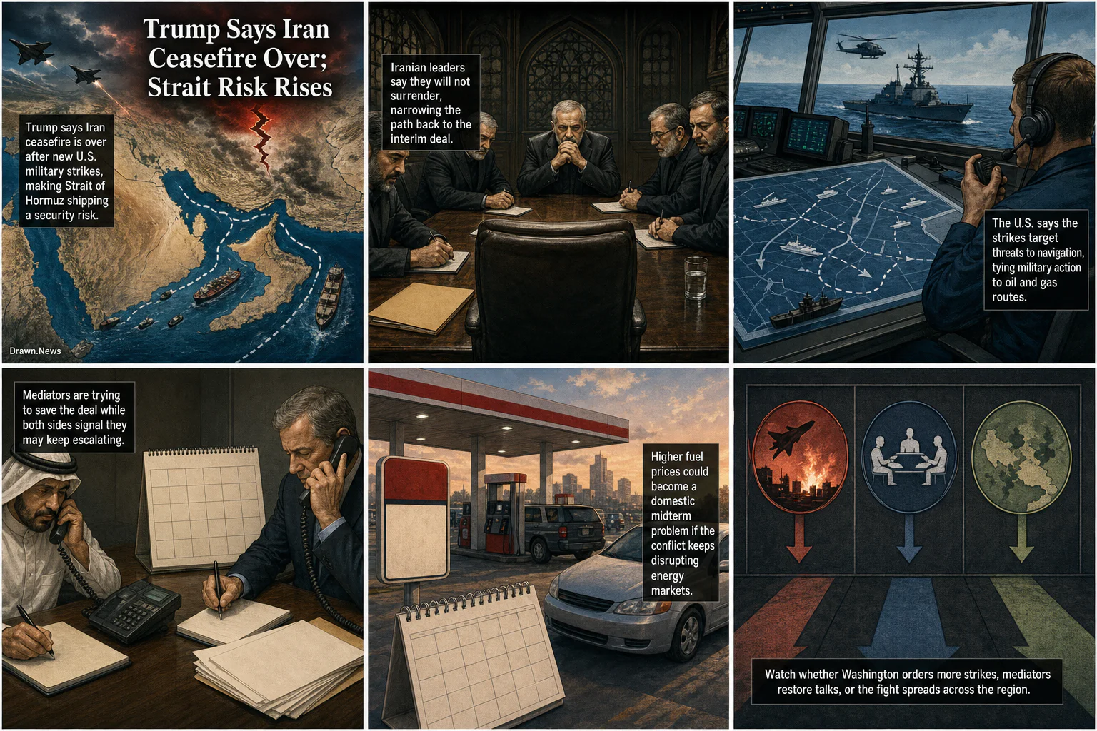 Drawn.News visual brief: Trump Says Iran Ceasefire Over; Strait Risk Rises