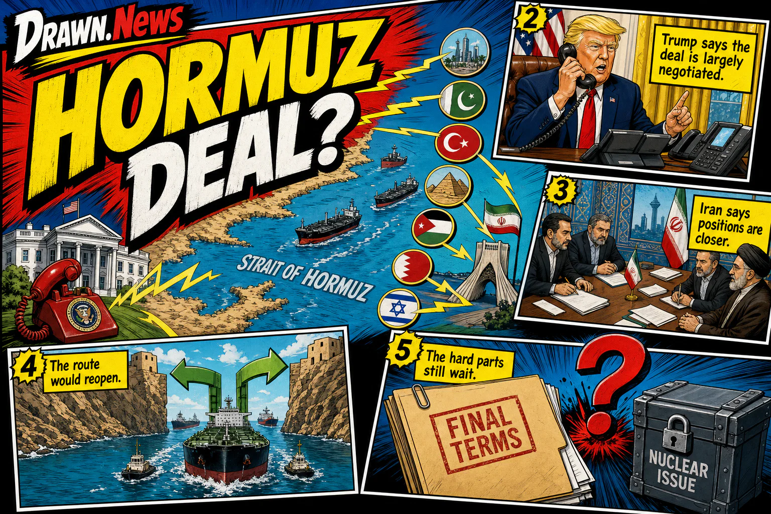 Drawn.News visual brief: Trump says Iran deal 'largely negotiated' including reopening Strait of Hormuz