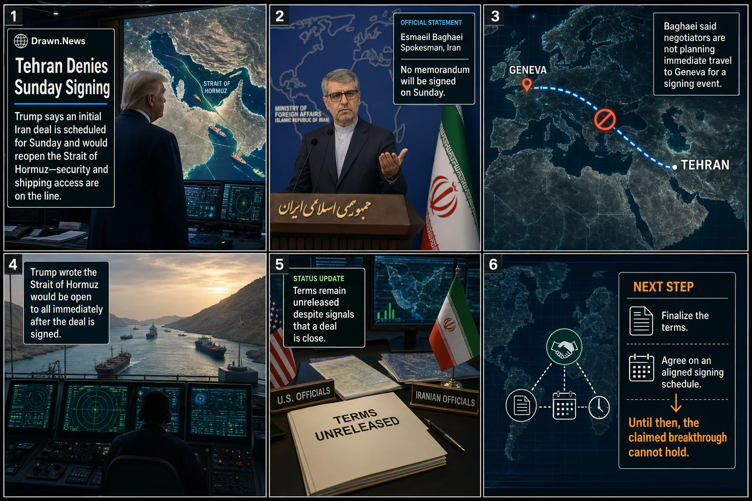 Drawn.News visual brief: Trump Says Iran Deal Is Imminent as Tehran Denies Sunday Signing