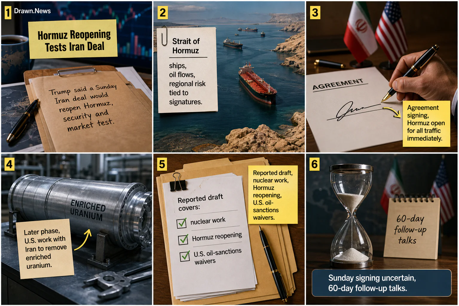 Drawn.News visual brief: Trump Puts Iran Deal Signing on Sunday, With Hormuz at Stake