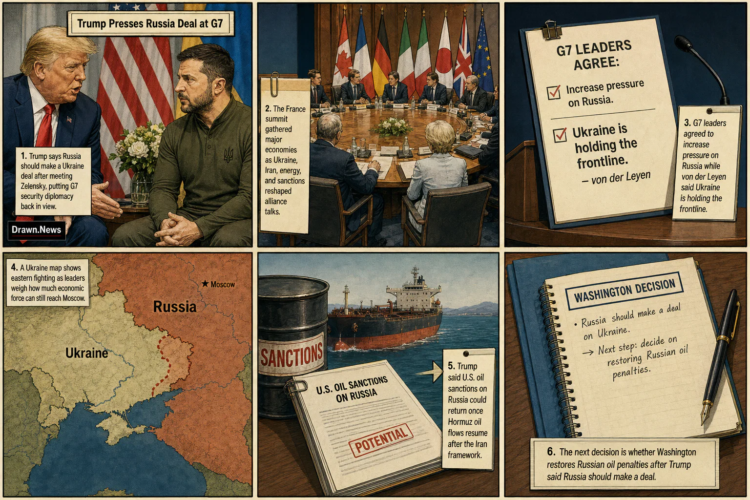Drawn.News visual brief: Trump Presses Russia Deal at G7