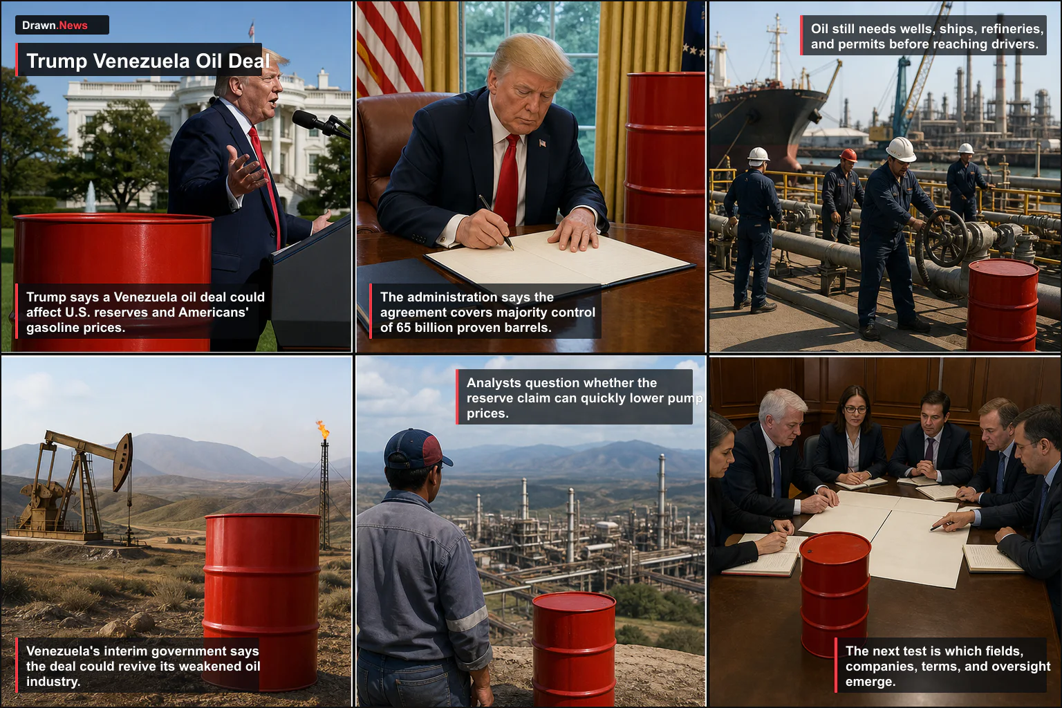 Drawn.News visual brief: Trump Says Venezuela Oil Deal Would Expand U.S. Reserves
