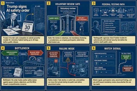 Drawn.News visual brief: Trump signs AI safety order seeking voluntary review of new models