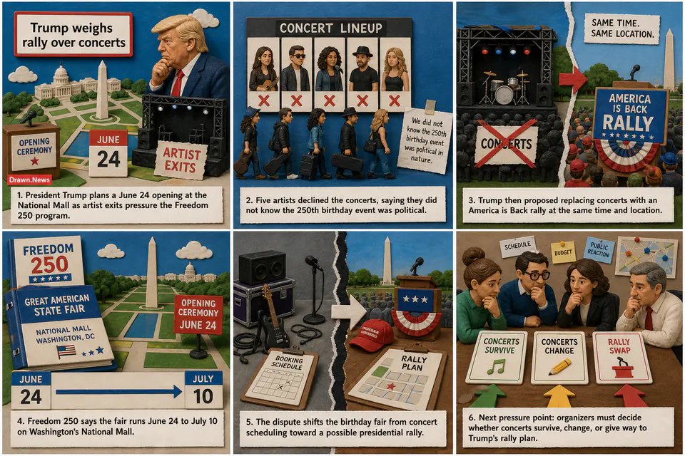 Drawn.News visual brief: Trump suggests canceling all musical performances at the Great American State Fair