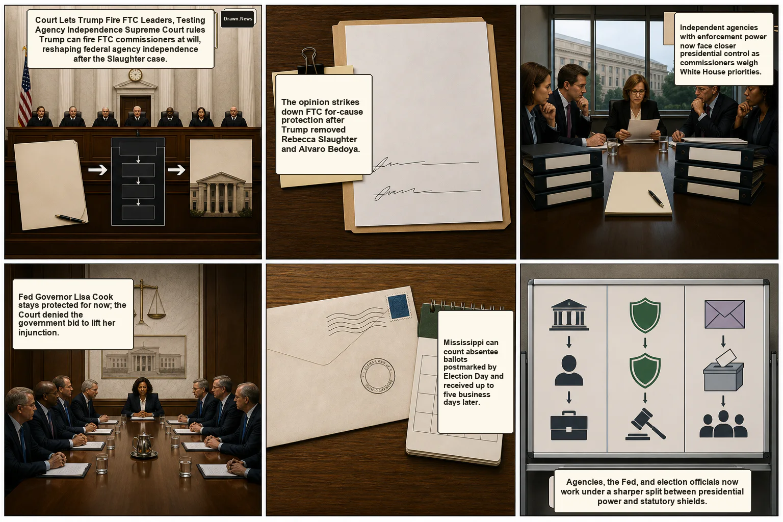 Drawn.News visual brief: Supreme Court Lets Trump Fire FTC Leaders, Testing Agency Independence