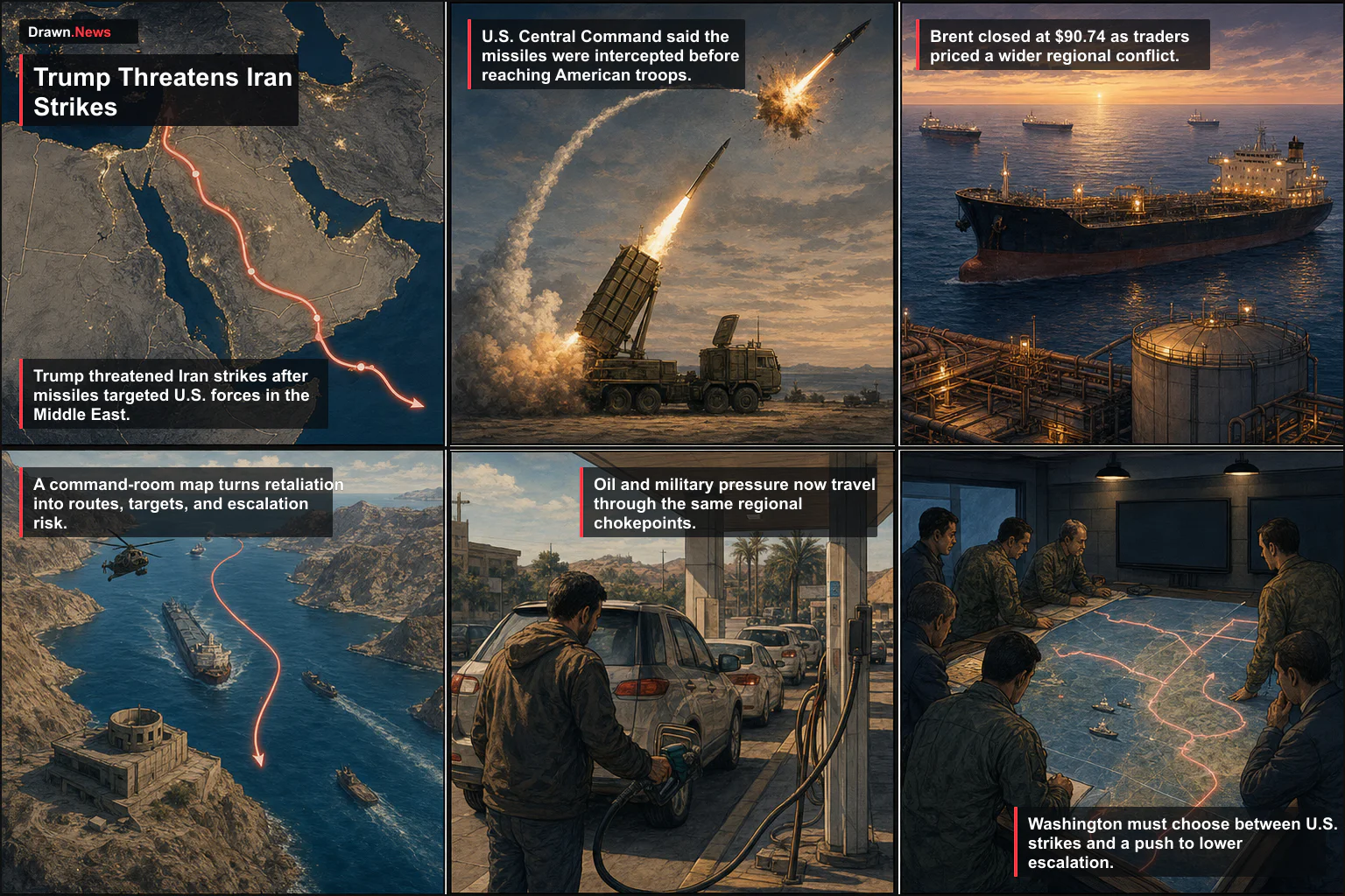 Drawn.News visual brief: Trump Threatens Iran Strikes After Missiles Target U.S. Forces