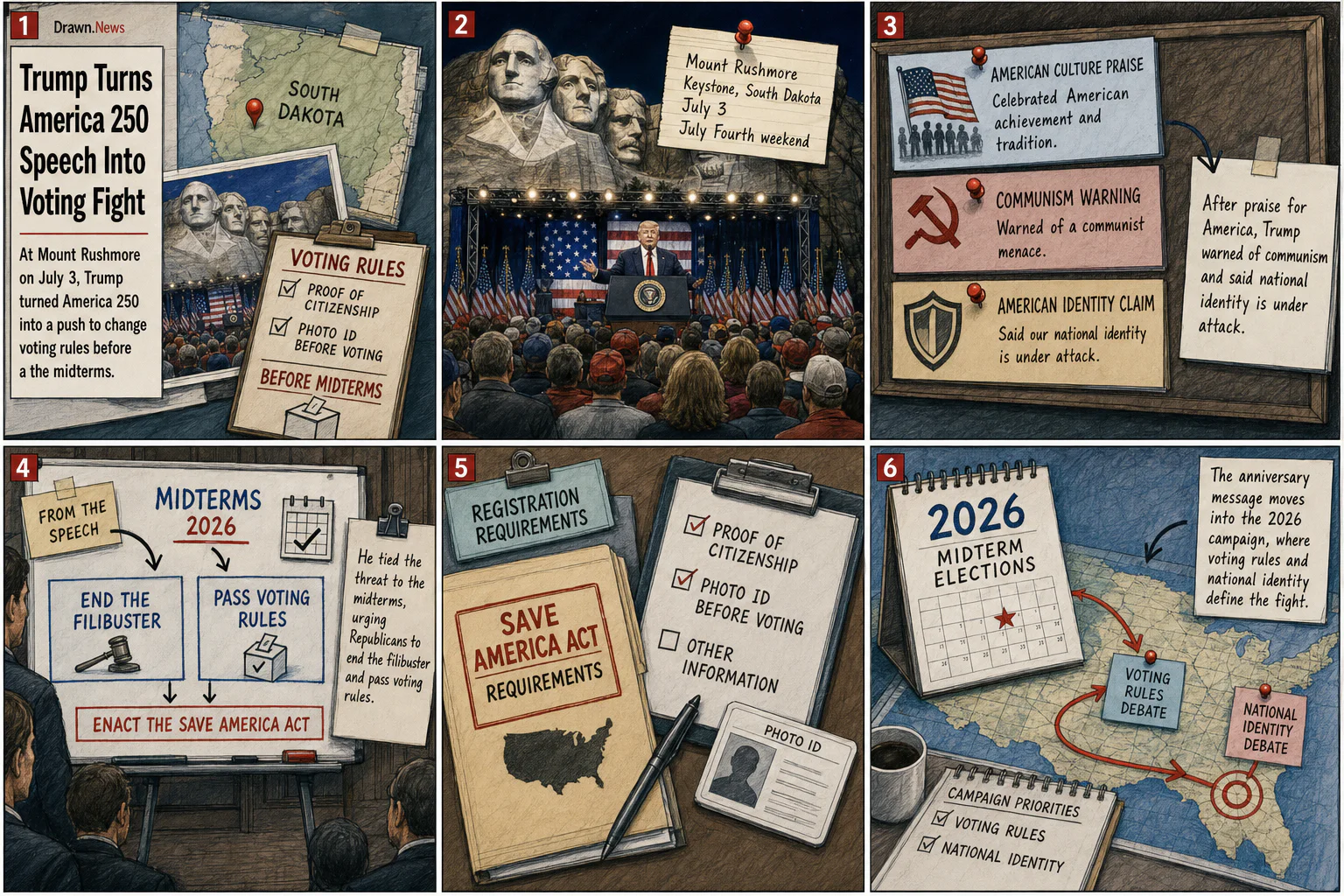 Drawn.News visual brief: Trump Turns America 250 Speech Into a Voting Rules Fight