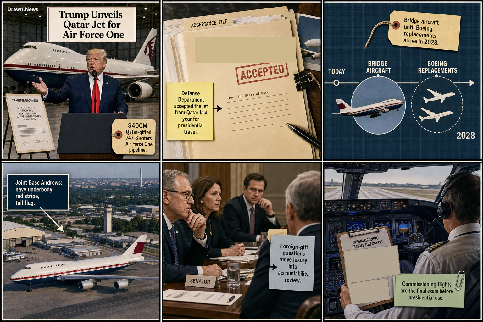 Drawn.News visual brief: Trump unveils new Air Force One, a $400 million plane gifted by Qatar