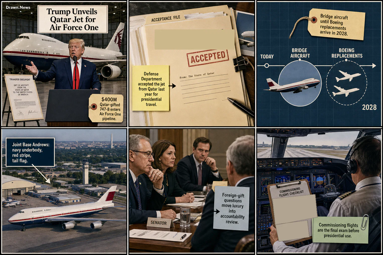 Drawn.News visual brief: Trump unveils new Air Force One, a $400 million plane gifted by Qatar