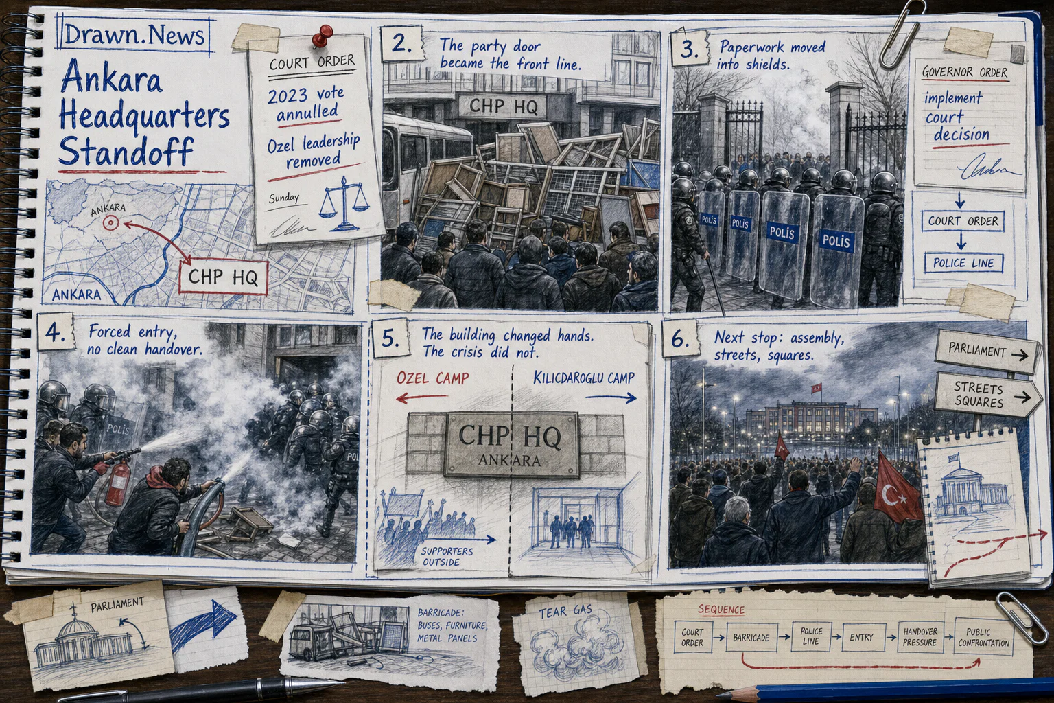 Drawn.News visual brief: Turkish riot police storm opposition offices after leaders ousted